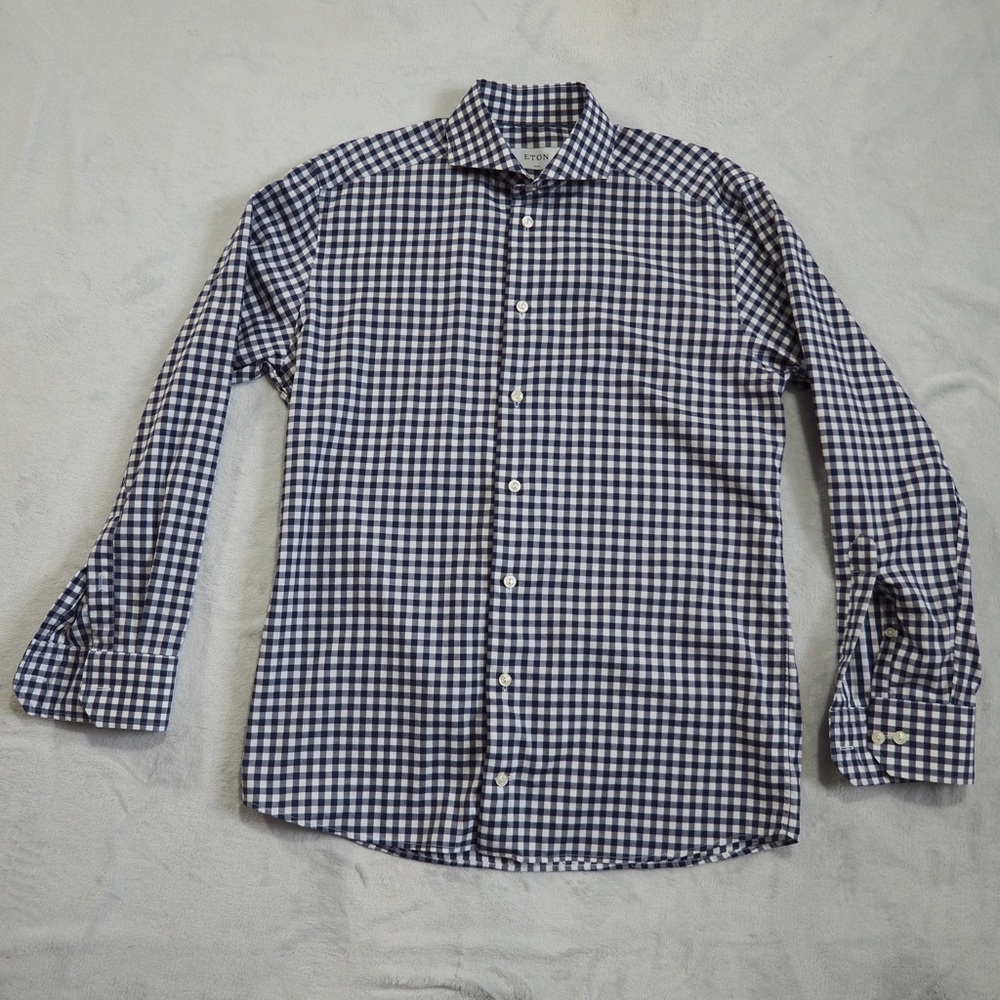 Eton Navy and White Gingham Button-Down Shirt - Picture 5 of 13